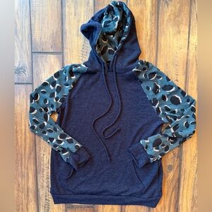 Heathered Navy Hoodie with Leopard Print Sleeves And Kangaroo Pocket